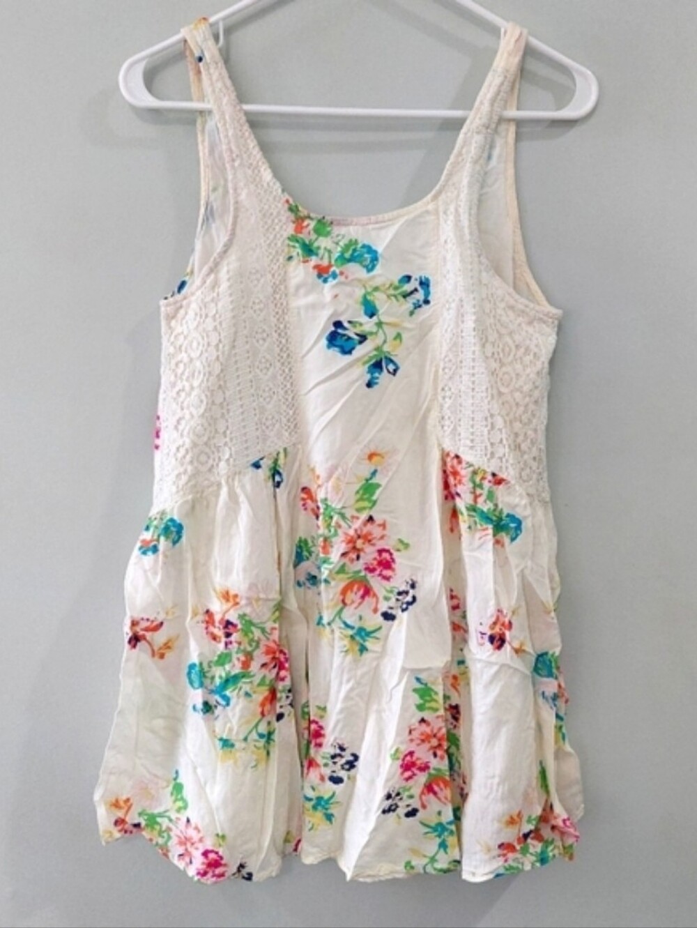 O'Neill Mini Dress Small White with Floral Print Lace Panels Lightweight